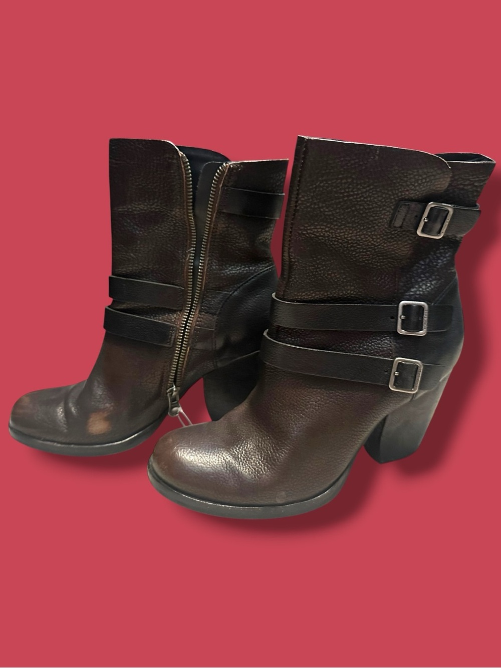 Kork-Ease Dark Brown Leather Buckle Strap Heeled Ankle Boots